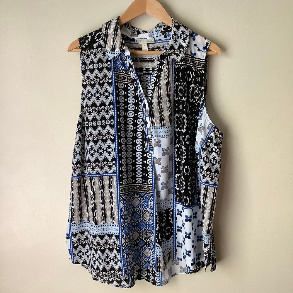 Dana Buchman Geo Aztec Womens Sleeveless Half Button Popover Blouse Plus 1X